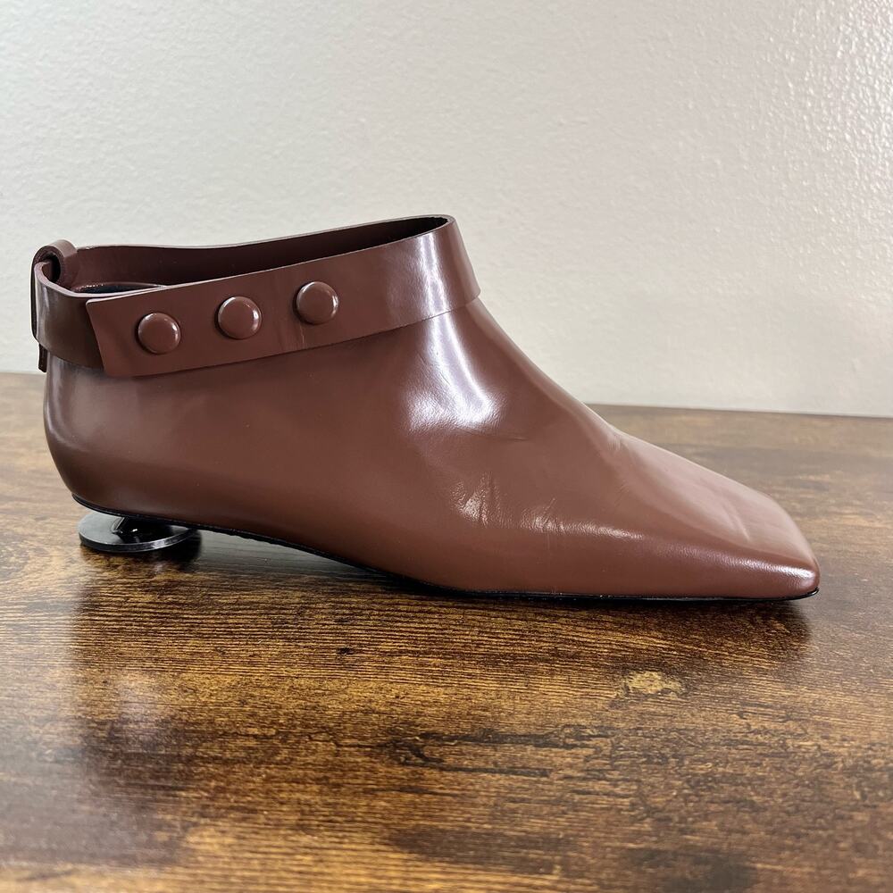 MARNI Ankle Booties Boot 7 Brown Leather Studded Circle Heel Square Toe Designer